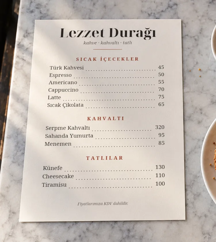 Masadaki basılı menü, fotoğrafı çekilmeye hazır