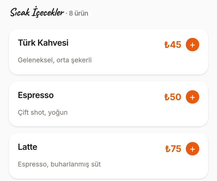 Sıcak İçecekler listesi Türkçe