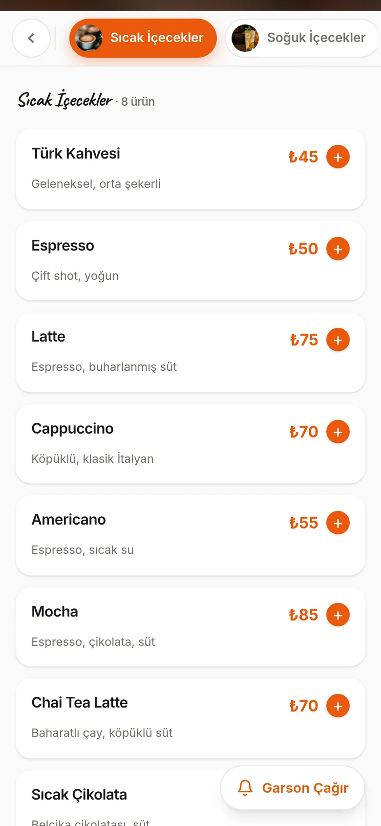 Müşterinin telefonunda Sıcak İçecekler listesi