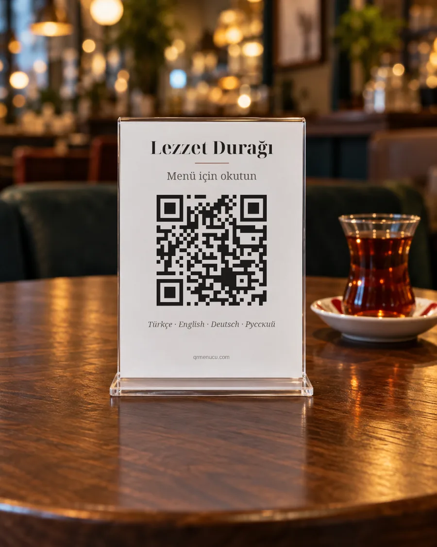 Kafe masasında akrilik standta Lezzet Durağı'nın QR menü kartı