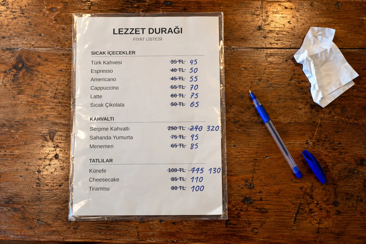 Poşet içindeki basılı fiyat listesinde eski fiyatların üstü tükenmez kalemle çizilmiş, yenileri elle yazılmış